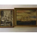 Unsigned oil on canvas, Fully rigged warship, 9 x 12ins, together with 1 further oil by a