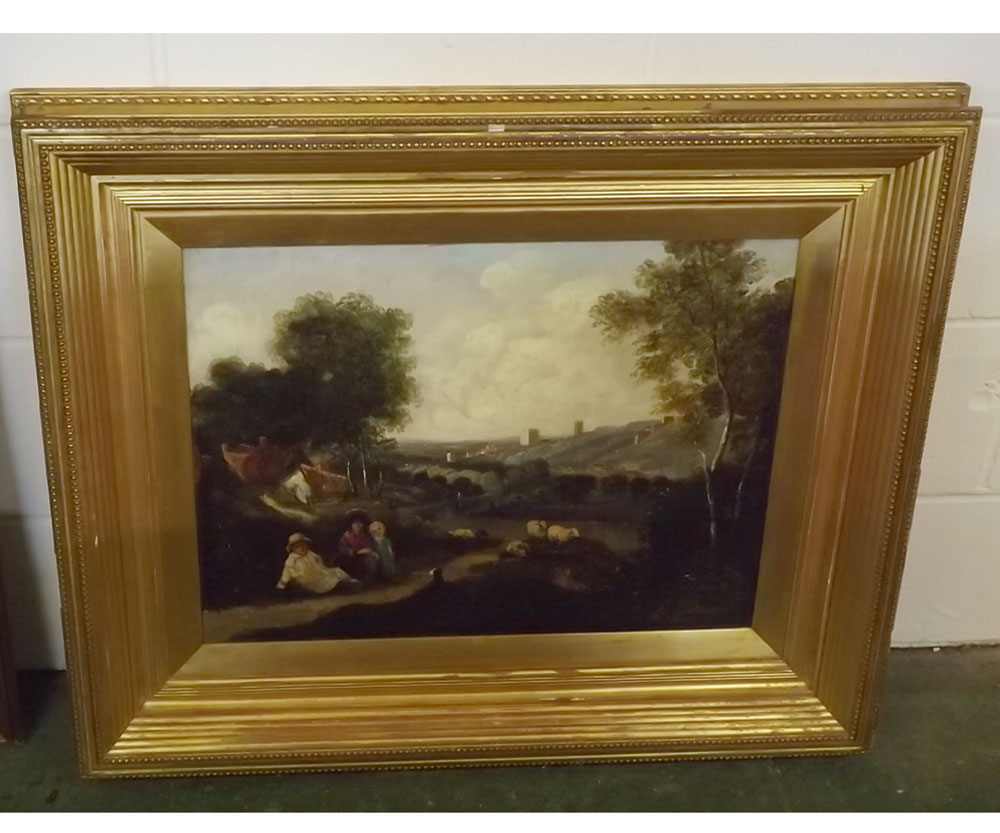 19th century English School, oil on canvas, Extensive landscape with figures, 18 x 24ins