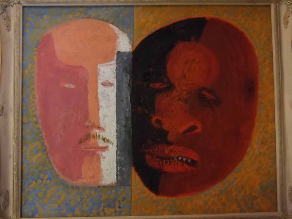 * Audrey Cruddas (1912-1979, British), "Masks", oil on canvas, signed stretcher verso, 19 x 23 ins