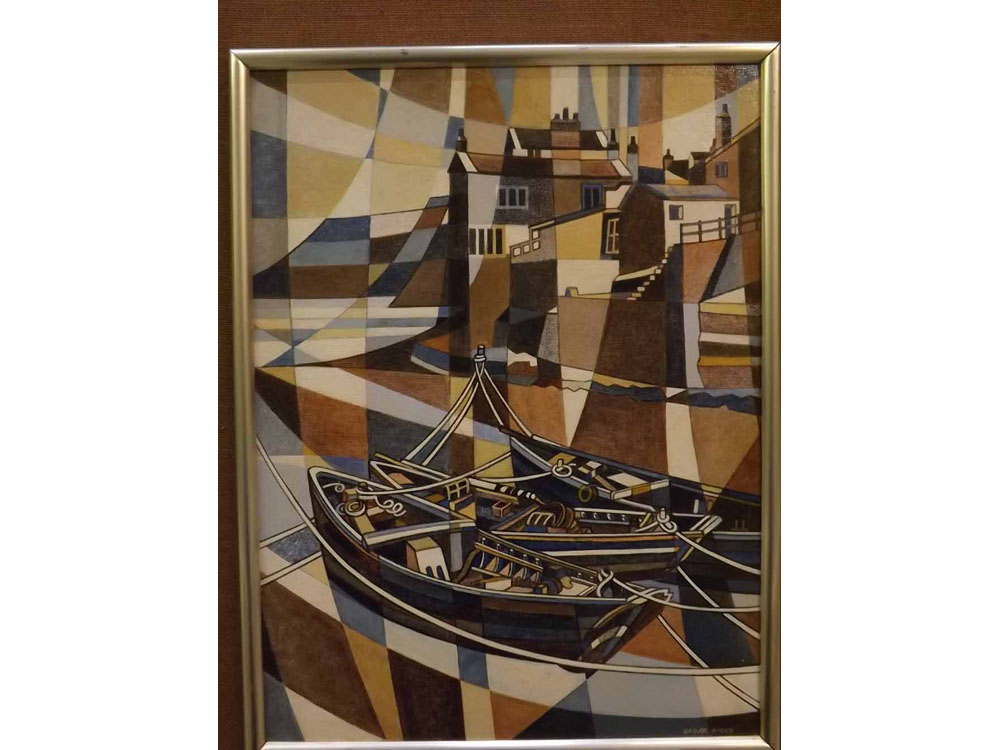 Geoff Biggs, signed oil on board, stylised Harbour scene with boats, 17 1/2 x 13ins