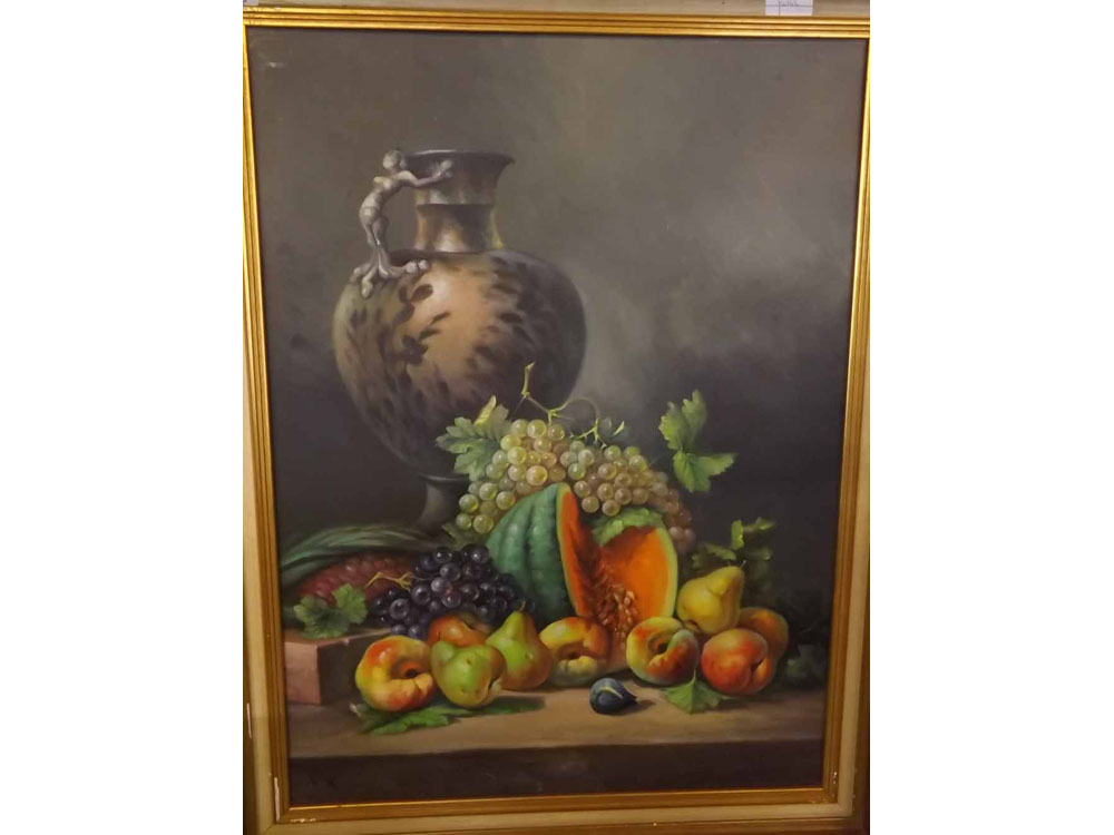 Stook (indistinctly signed), oil/canvas, Still Life study of a ewer and fruit on a ledge, 31 x 23ins