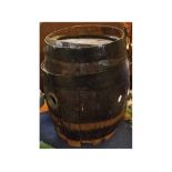 Oak Keg or barrel with steel bands, carved Gaymers Attleboro, 13ins diameter x 17ins tall
