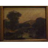 19th Century School, oil on panel, Mountain river landscape with figure, 9 1/2 x 12 1/2 ins
