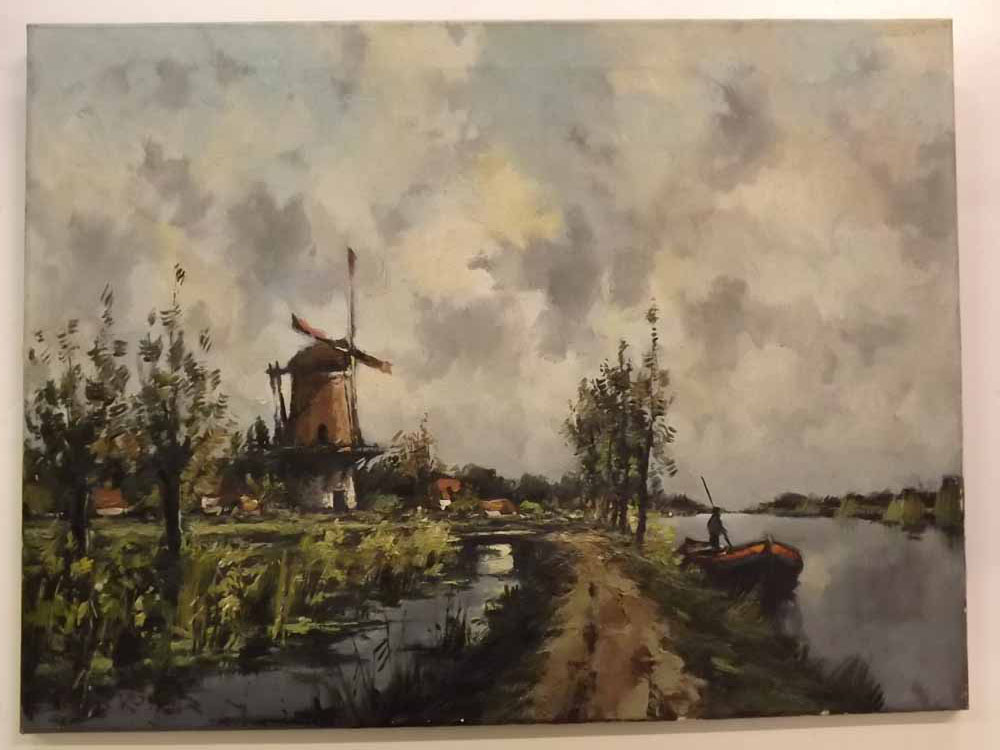 Toon Koster, signed oil on canvas, Dutch river landscape with windmill, 23 1/2 x 31 1/2 ins unframed