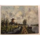 Toon Koster, signed oil on canvas, Dutch river landscape with windmill, 23 1/2 x 31 1/2 ins unframed