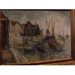 George Hann, signed oil on board, Harbour scene with fishing boats, 19 1/2 x 27 1/2 ins