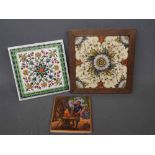 Group of mixed tiles to include a floral printed tile in a oak frame, a further lid of a