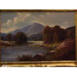 Douglas Falconer, signed oil on board, Mountain river landscape, 15 1/2 x 23 1/2 ins