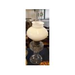 Victorian clear cut glass oil lamp, with opaque shade and clear funnel, 22ins tall