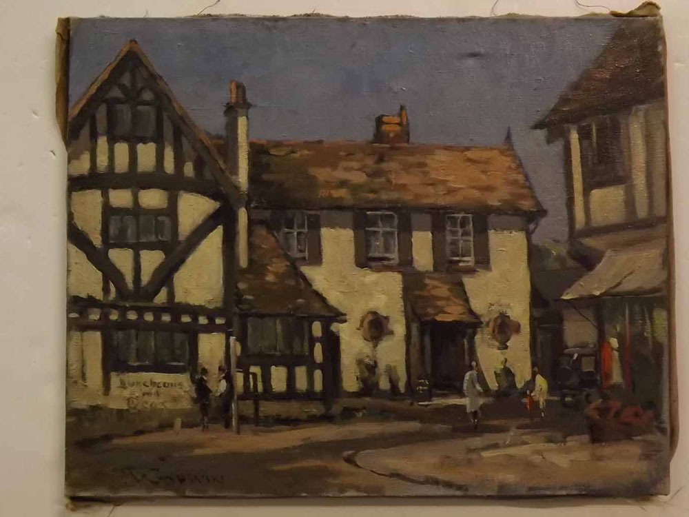 * * Godwin, signed, oil on canvas, Figures by an inn, 16 x 20ins unframed