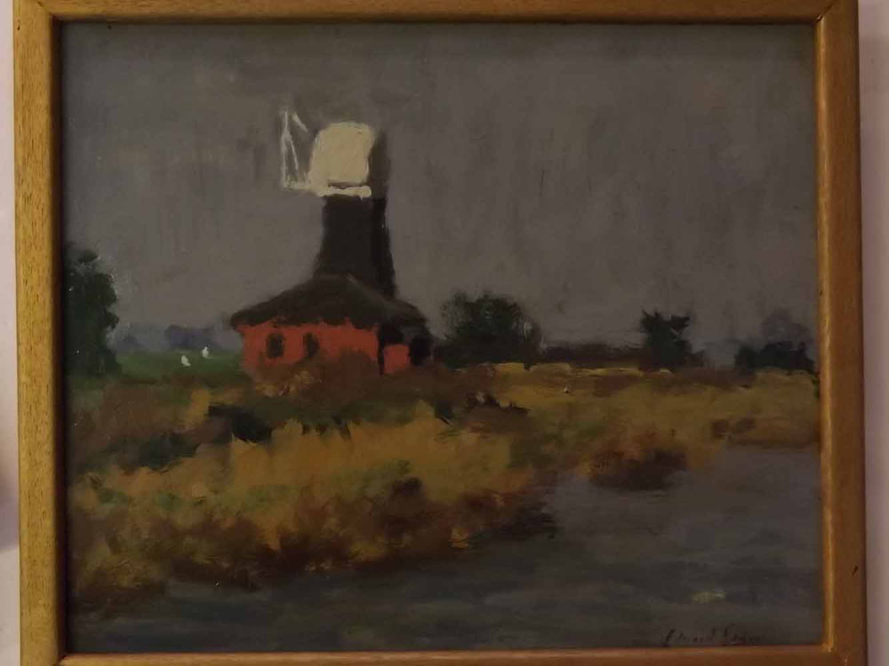 Follower of Edward Seago, bears signature, oil on board, Norfolk Landscape with Mill, 10 x 12ins