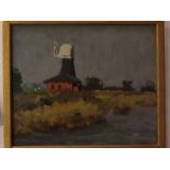 Follower of Edward Seago, bears signature, oil on board, Norfolk Landscape with Mill, 10 x 12ins