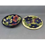 Moorcroft Hibiscus patterned shallow bowl with underglazed blue, 10ins diameter, together with a