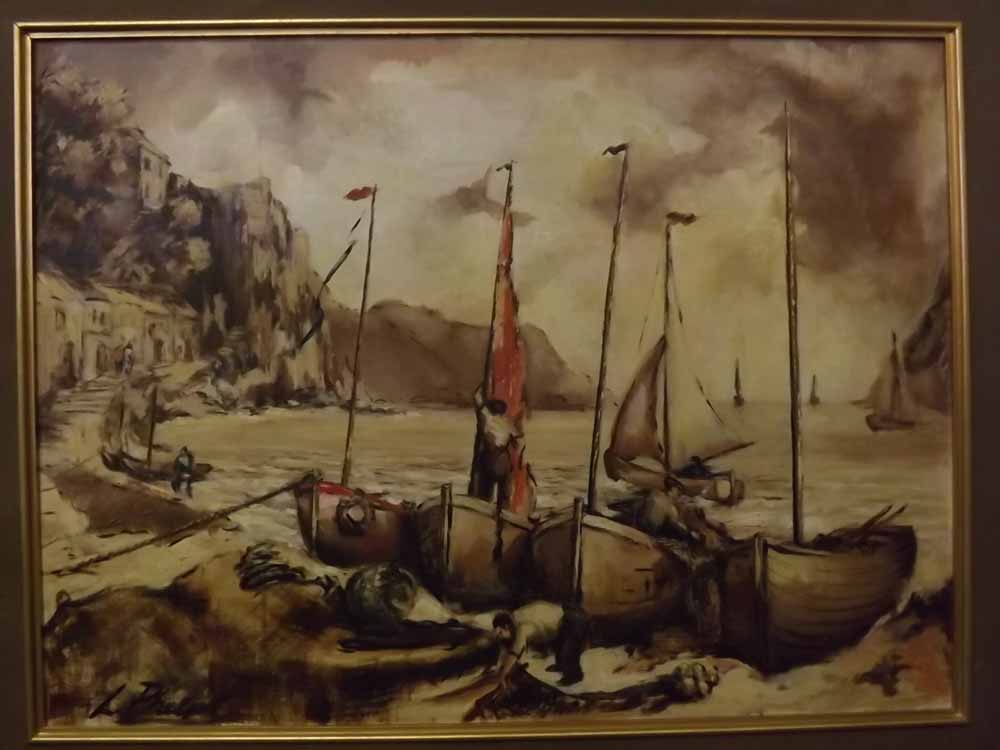 L Phelps, signed, oil on board, Coastal view with fishing boats, 26 x 36ins