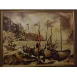 L Phelps, signed, oil on board, Coastal view with fishing boats, 26 x 36ins
