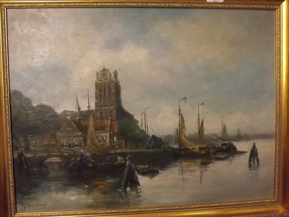 G Veld Kamp, signed oil/board, Continental harbour scene with boats and figures, 17 x 23ins