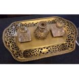 Victorian silver plated and pierced gallery ledged ink stand with square formed fitted ink wells and