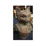Composition bronzed bust of a Cat in cloves, raised on circular plinth, 17ins tall