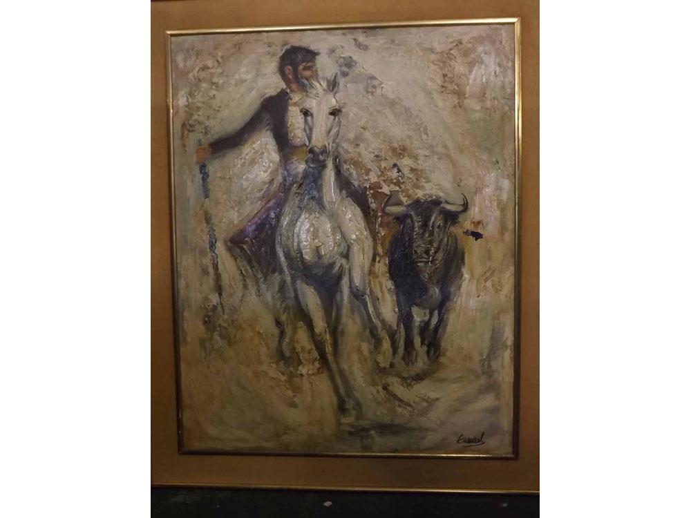 Indistinctly signed lower right, Spanish oil on canvas, Matador on Horseback with Bull, 31 x 25ins