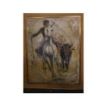 Indistinctly signed lower right, Spanish oil on canvas, Matador on Horseback with Bull, 31 x 25ins