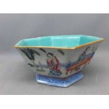 Chinese hexagonal porcelain bowl on raised foot, with celadon interior and brightly enamelled in