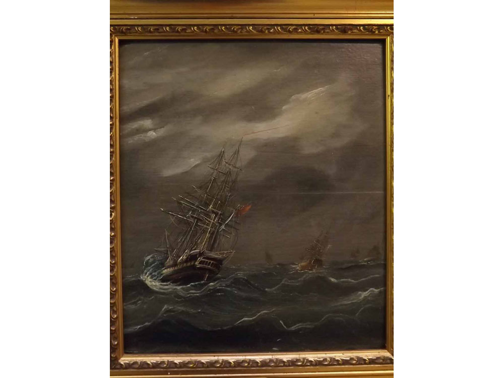 Unsigned oil on board, Stormy seascape with 3 masted vessels, 12 1/2 x 10 1/2 ins