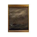 Unsigned oil on board, Stormy seascape with 3 masted vessels, 12 1/2 x 10 1/2 ins