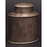 Edward VII tea canister of oval form with pull off cover and cast and applied gadrooned borders,