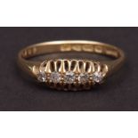 Early 20th century 18ct gold and five stone diamond ring, the five small single cut diamonds claw