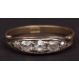 Late 19/early 20th century precious metal five stone diamond ring, boat shaped, set with five