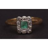 Art Deco precious metal, emerald and diamond cluster ring, the small rectangular cut emerald (4 x