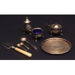 Mixed Lot: comprising electroplated three piece cruet set and circular stand and various flatware (