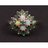 Mid-20th century 9ct gold opal and emerald cluster ring, the centre set with four small circular