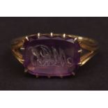 Antique 18ct gold and amethyst intaglio ring, rectangular shaped panel (12 x 10mm), engraved with