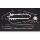 Mixed Lot: mother of pearl leaf shape necklace, an enamel dial fob watch on a long metal chain,