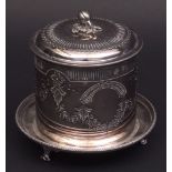 Late 19th Century electroplated Britannia metal biscuit barrel, of circular form with hinged cover