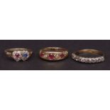 Mixed Lot: antique ruby, sapphire and diamond double heart ring, the two conjoined hearts, one