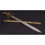Victorian brass hilted sword and scabbard, (both greatly reduced in length), Bennet & Co Conduit St,