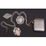 Mixed Lot: graduated curb-link watch chain set with two swivels and fitted with three various shield