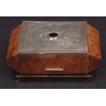 Unusual Continental white metal mounted burr walnut and ebonised cigarette dispenser, the hinged