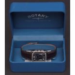 Modern quartz two-button wristwatch, Rotary, quartz movement to a rectangular signed black dial with