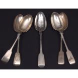 Mixed Lot: two pairs and one single Fiddle pattern table spoons, pairs initialled, combined weight