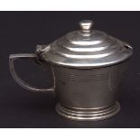 Elizabeth II lidded mustard of tapering circular form with stepped and hinged cover, cast and