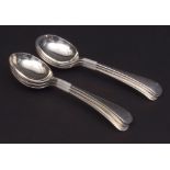 Six Late Victorian Old English pattern soup spoons, length 7 1/2 ins, combined weight approx 398gms,