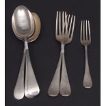 Three late Victorian Old English pattern dessert spoons, together with two dinner forks and