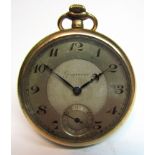 Second quarter of 20th century gold plated open face keyless pocket watch, Grosvenor, the 15-jewel