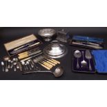 Mixed Lot: assorted electroplated flatware and cutlery, including cased fish servers, Britannia