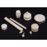 Mixed Lot: various ivory and bone sewing implements including two cylindrical needle cases, barrel