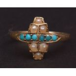 Antique 18ct gold turquoise and seed pearl ring, a row of six turquoise stones, flanked either