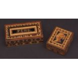 Mixed Lot: two various Tonbridge ware type boxes, each of rectangular form with pull off covers, one